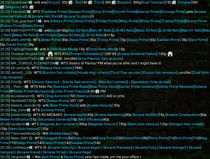 Chat screenshot, showing the chaoticness of the Warframe public market chat